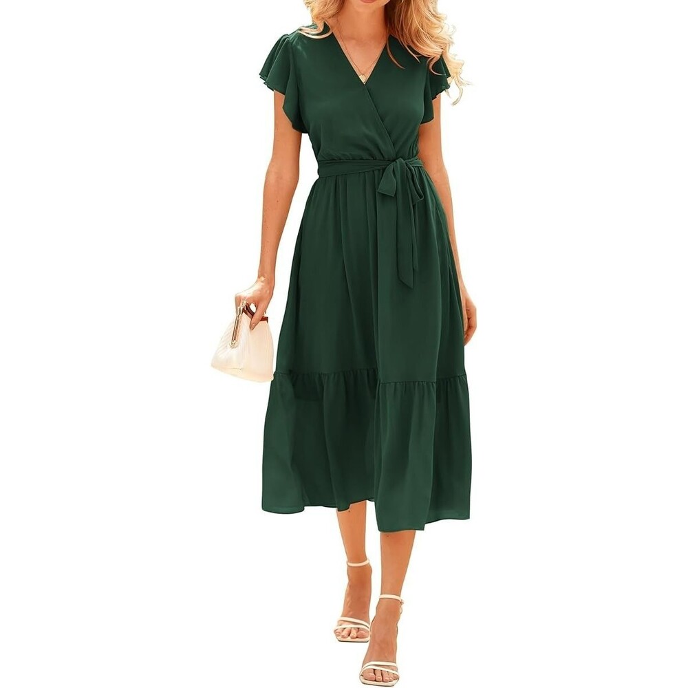 BTFBM Women's Sun Dress LARGE Summer Solid Dark Green Wrap V-Neck Ruffle Casual